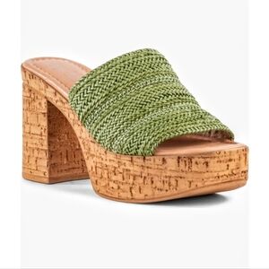 SEYCHELLES Applause Slip-On Mule Sandal 4” Heel 1.75” Platform GREEN Woven Rafia